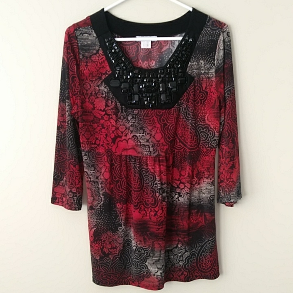 Vtg. Dressbarn Floral Embellished Beaded Tunic Top M Black Red